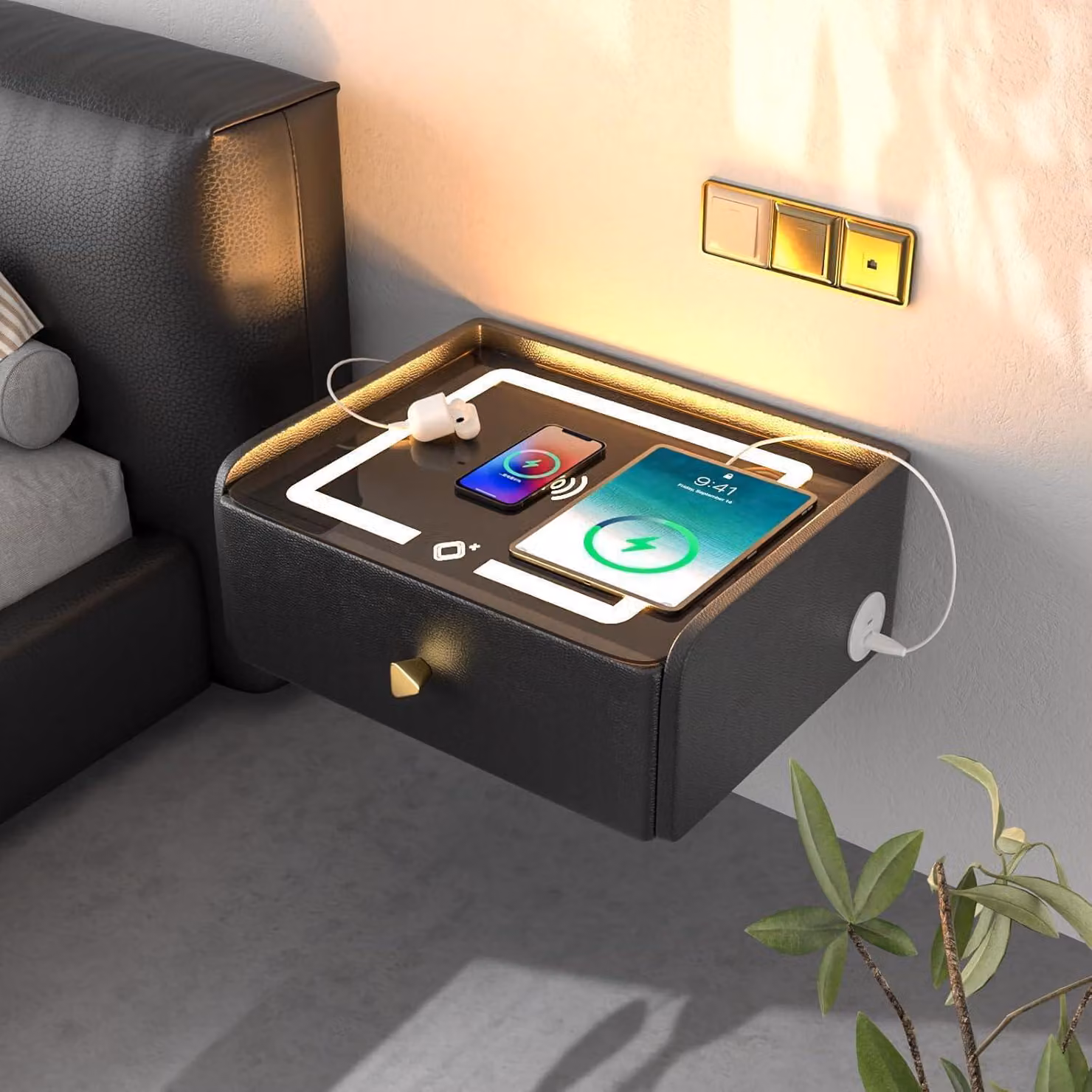 Comodino con funzione di ricarica e cassetto Nero