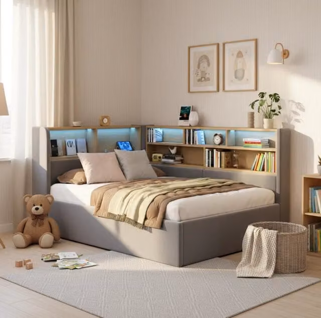 Letto daybed 90x200 cm con contenitore idraulico; LED e porte USB in velluto grigio