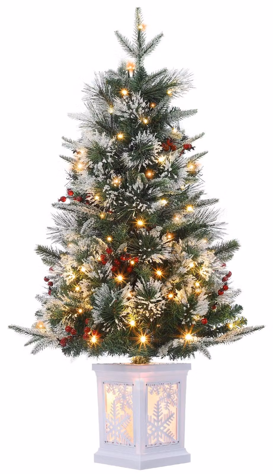 Albero di Natale artificiale, innevato, 90 cm (3.0 piedi), con rami fitti che ricordano un abete o un pino, con luci LED e punte degli aghi innevate. Montaggio con sistema a cerniera, dotato di base in metallo