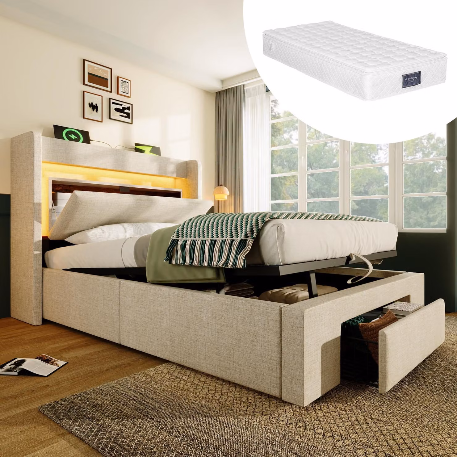 MODFU Letto imbottito 90x200, singolo con spazio contenitore e testiera con vano portaoggetti, letto con rete a doghe e illuminazione LED, porte USB e USB-C, completo di materasso, color beige