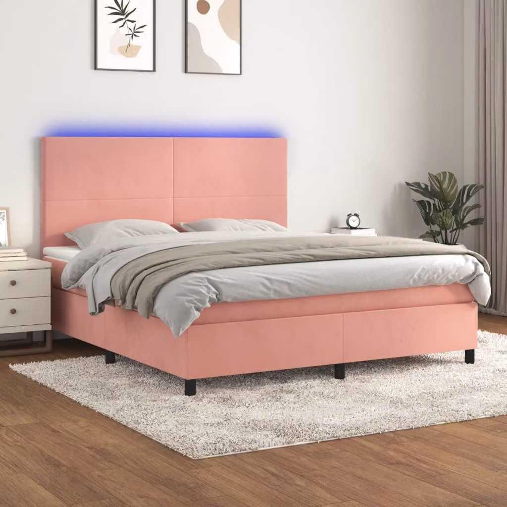 Letto Ibrido vidaXL in Velluto Rosa con Materasso a Molle Individuali, Illuminazione LED Sotto il Letto e Porta USB, L/P: 180 x 200 cm – 1