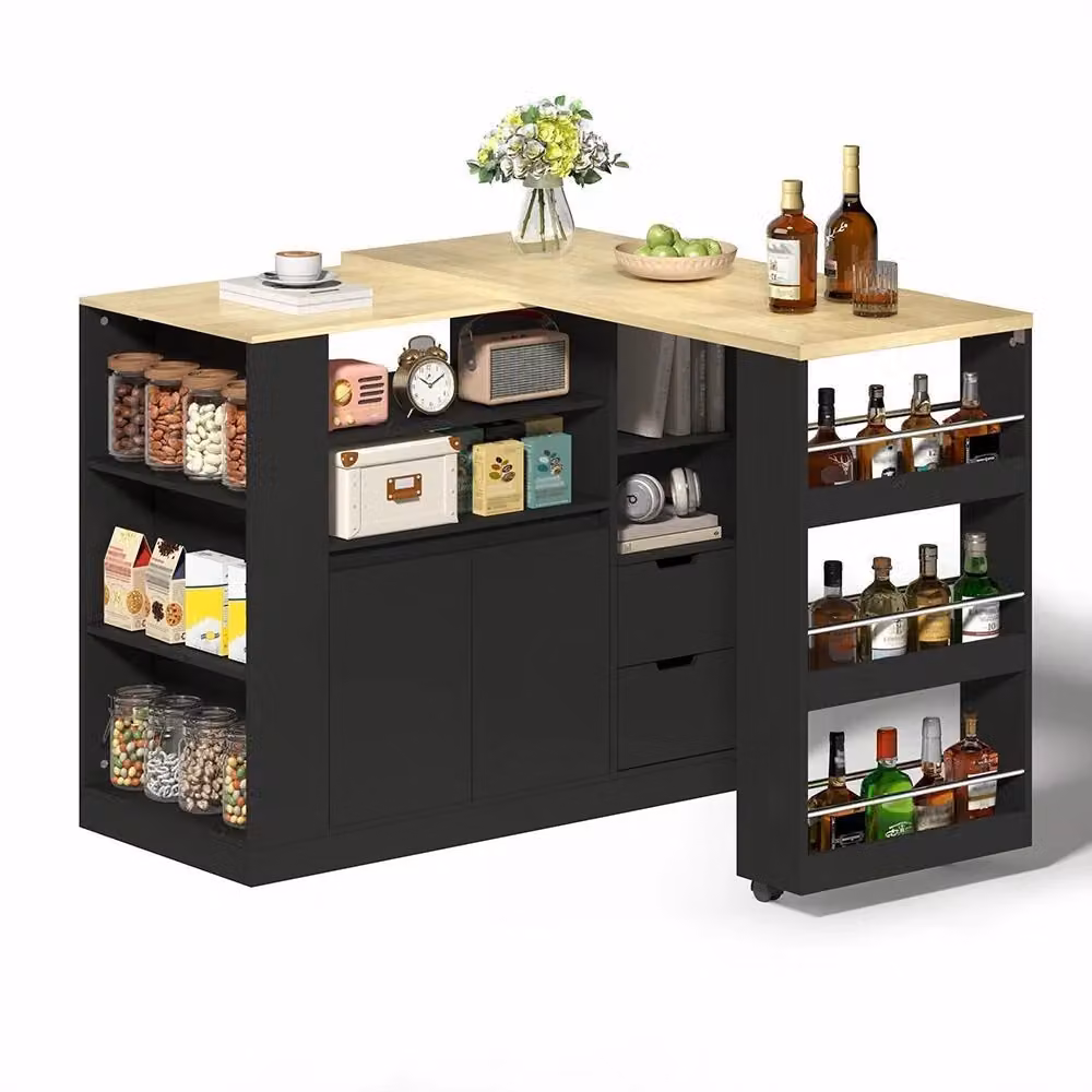 Isola cucina moderna Xylo con piano scorrevole, 3 lati con ripiani e 2 cassetti, disponibile in nero o marrone, L: 115 cm, P: 50 cm, H: 92 cm – 2