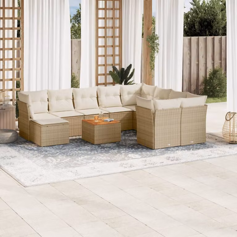 vidaXL Set Divani da Giardino 11 pz in Polyrattan con Cuscini Beige e Tavolino