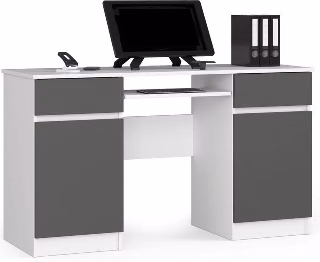 Scrivania per computer AKORD A5 bianca con inserto frontale grigio grafite, 2 ante e 2 cassetti, L/P/H: 135 x 50 x 77 cm – 1