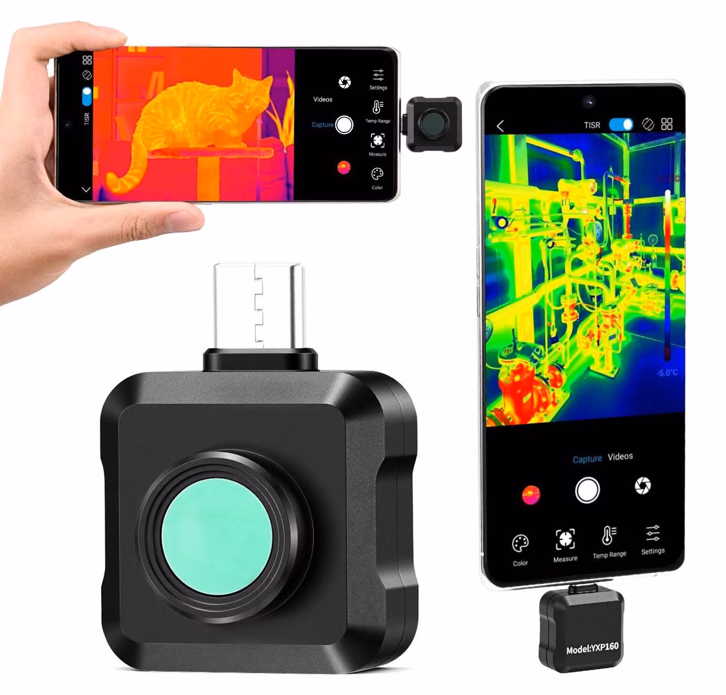 Termocamera per Android, risoluzione super TISR 320 x 240, frequenza di aggiornamento 25 Hz; termocamera a infrarossi per smartphone e tablet, risoluzione IR 160 x 120, intervallo di temperatura da -20 °C a 550 °C e 15 palette di colori