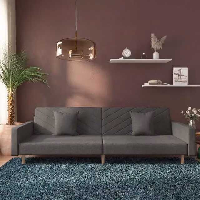 Divano Letto Click-Clack vidaXL in Tessuto Grigio con Cuscini e Struttura in Legno Solido