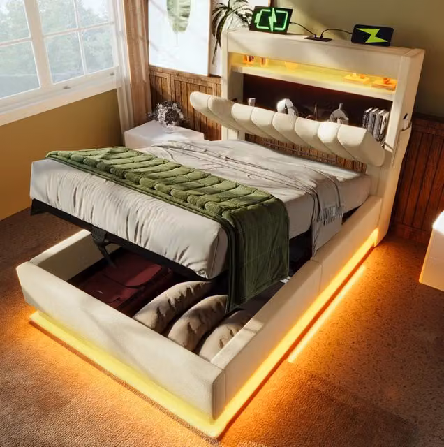 Letto singolo 90x200 cm con contenitore idraulico; LED; porte USB e rivestimento beige