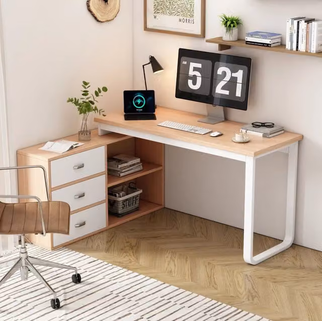 Scrivania 147x100x75,3 cm naturale MDF e metallo, 3 cassetti