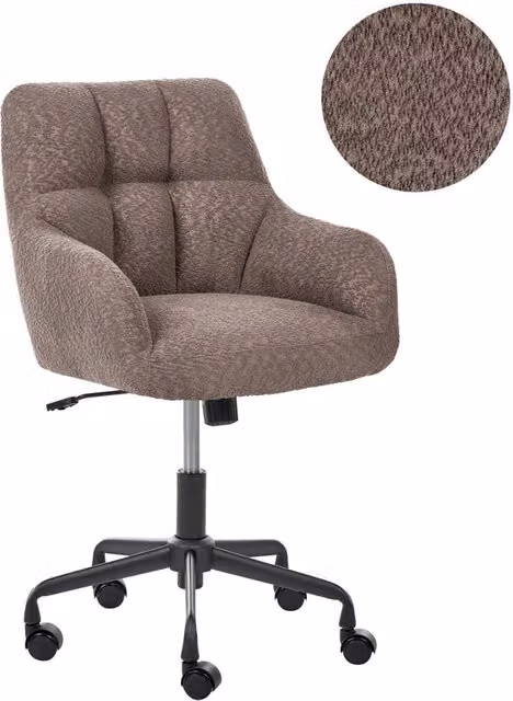 Sedia da ufficio girevole in tessuto bouclé marrone con struttura in metallo e plastica, ideale per home office e design moderno