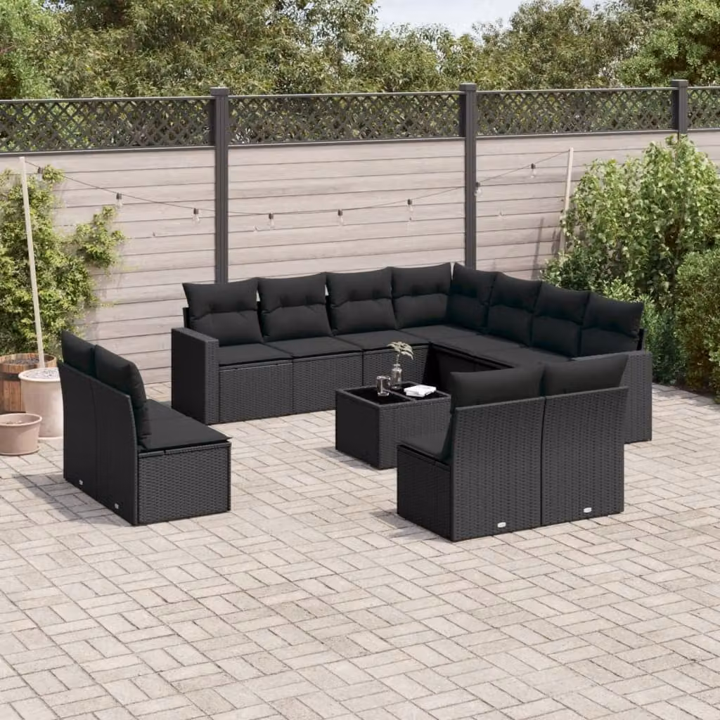 vidaXL Set Divani da Giardino 12 pz in Polyrattan Nero con Cuscini e Tavolino da Esterno – 1