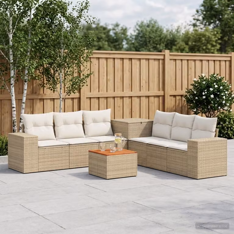 Set di divani da giardino vidaXL in polyrattan beige e bianco crema, composizione a forma di U con 8 pezzi inclusi cuscini e tavolino da caffè