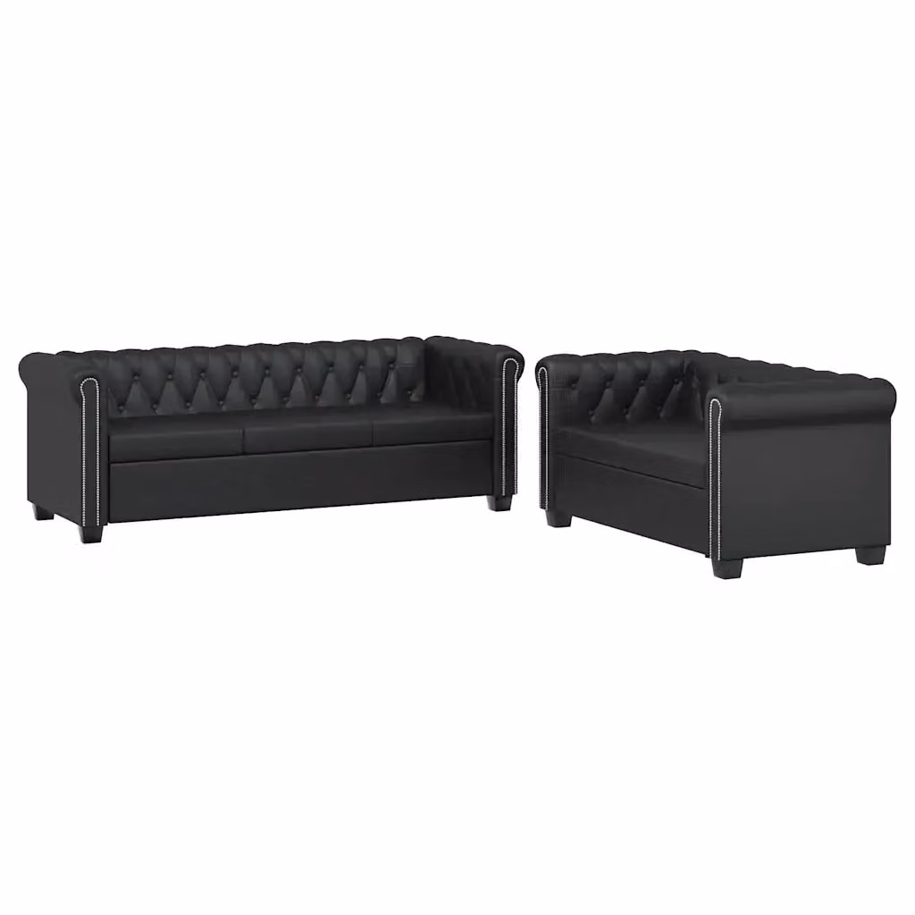 Set di divani Chesterfield vidaXL a 2 e 3 posti in similpelle nero con struttura in legno massiccio – 2
