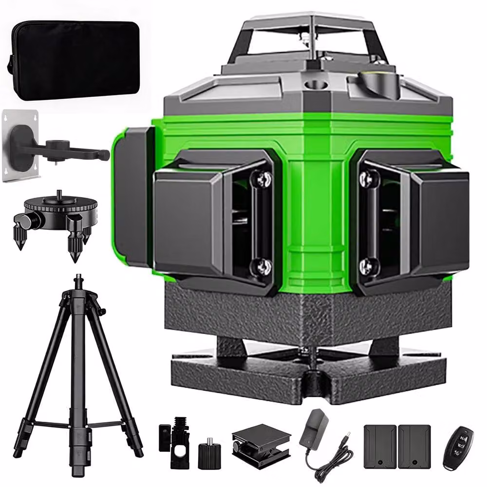 Livella laser - 4D, 16 linee, 360° - Laser verde - Autolivellamento 4° - Con supporto - Batteria inclusa - Spina di tipo EU