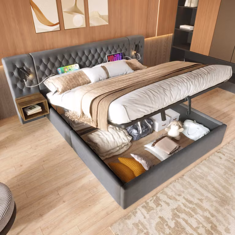 Letto imbottito STILVORA 180 x 200 cm, letto matrimoniale con presa di ricarica USB e luce di lettura, letto a scomparsa idraulico con comodini e cassetti, grigio (senza materasso)