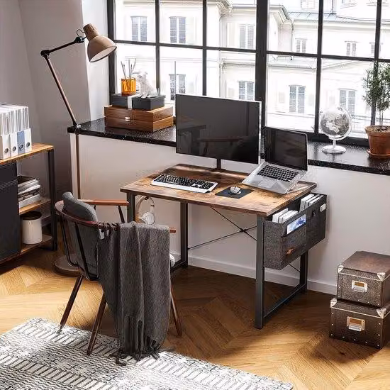 Piccola scrivania in legno, 80 x 40 x 73,5 cm, postazione di lavoro con supporto per cuffie e cassetto portaoggetti, piccola scrivania da casa, legno, piano d'appoggio per PC, scrivania per uso domestico, marrone