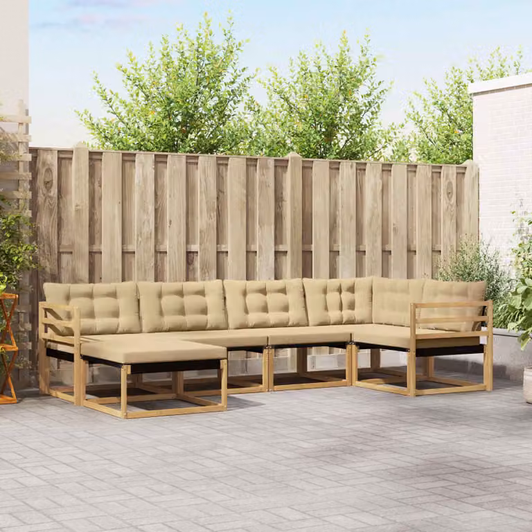 Set di divani da esterno vidaXL a forma di L composto da 6 pezzi in legno di acacia con cuscini bianchi e beige per giardino e terrazza
