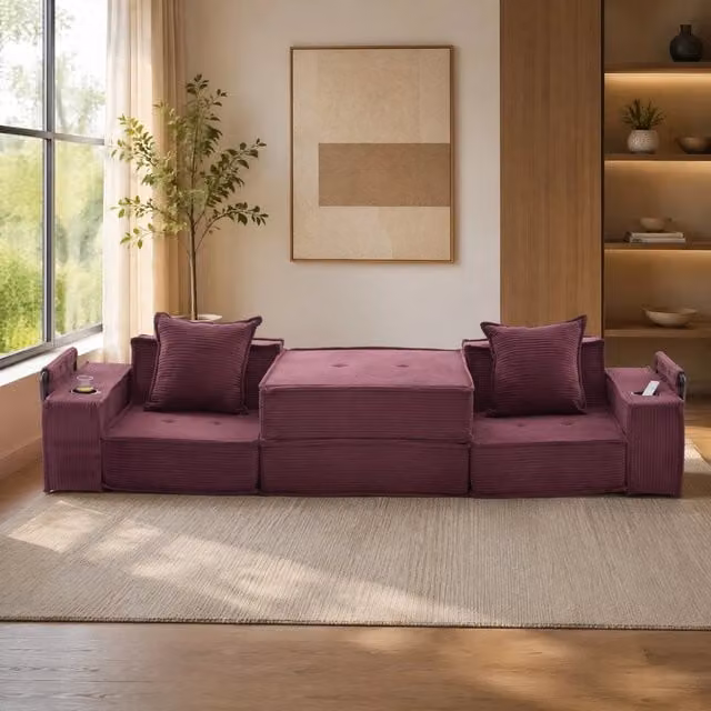 Divano 2 posti 162x78x66 cm bordeaux con cuscini, vano portaoggetti e portabicchieri
