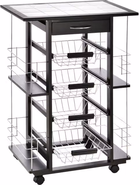 Carrello da cucina Minimal nero con 4 cesti e cassetto in metallo e legno di pino, L: 57 cm, P: 37 cm, H: 83 cm – 1