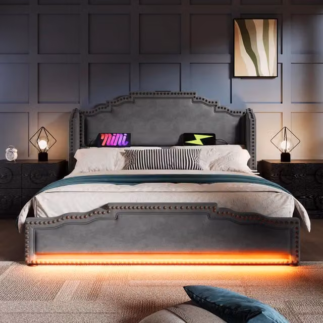 Letto matrimoniale 180 × 200 cm con 4 cassetti, LED regolabile e porte USB e Type-C, senza materasso, grigio