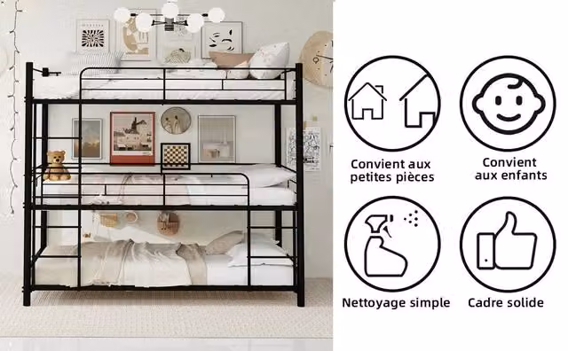 Letto a castello a tre piani in ferro nero 90x190 cm con scala integrata, sponde complete e base antiscivolo, per bambini, ragazzi e adulti