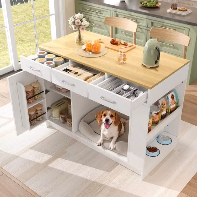Carrello da cucina moderno WISHDOR in MDF bianco con 3 cassetti, porta spezie, ripiano regolabile e ruote