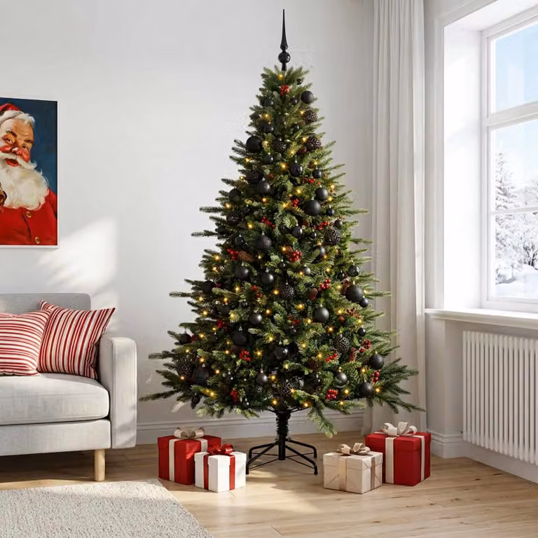 Albero di Natale artificiale verde vidaXL con 300 LED luce bianca calda e decorazioni, Altezza: 240 cm