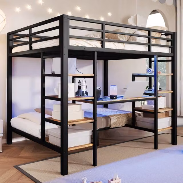 Letto a castello 90x200 cm e 140x200 cm con LED; prese USB e Type-C in metallo e MDF nero