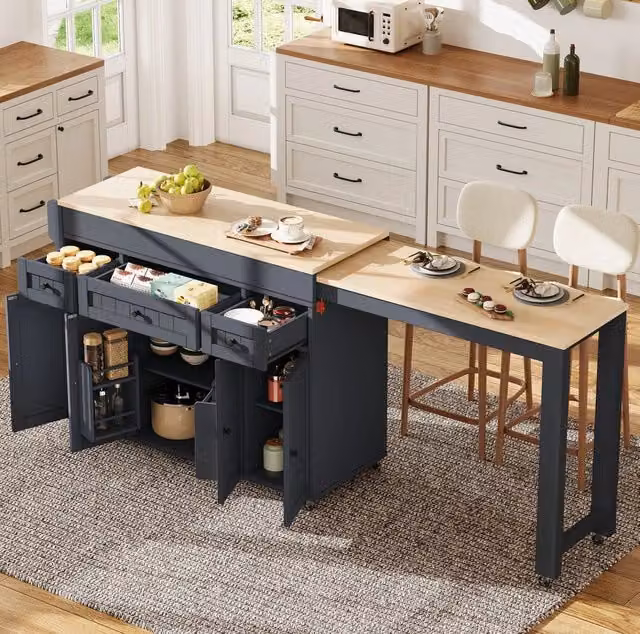 Isola da cucina mobile con ruote, piano estraibile e ripiani, con 3 cassetti e portaspezie, grigio, 137-190,6×45,2×92 cm