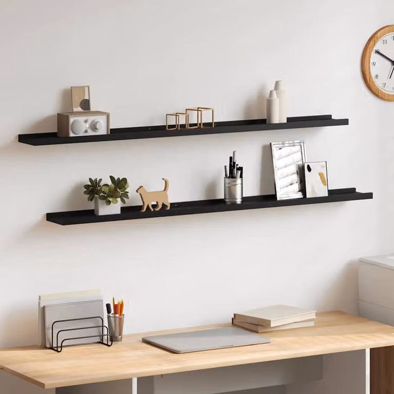 Set di 2 mensole da parete vidaXL nere in MDF, design minimalista e finitura opaca, L: 115 cm, P: 9 cm, H: 3 cm