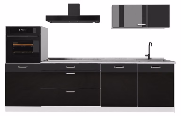 Cucina componibile Vicco R-Line Nero lucido/Bianco 280 cm senza piano di lavoro, Model 66504