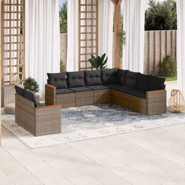 vidaXL Set Divano da Giardino a L 9 pz Grigio con Cuscini e Copertura in Polyrattan e Acciaio
