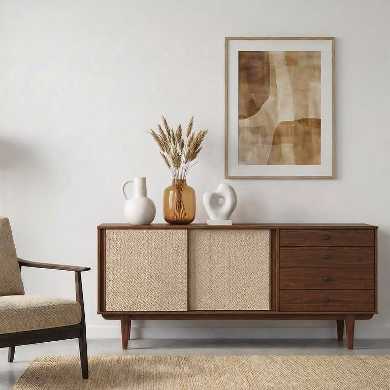 Credenza SIMONA con intreccio in rattan 175 cm, effetto castagno – 4 cassetti e 2 ante scorrevoli, comò da ingresso con ripiano, soggiorno