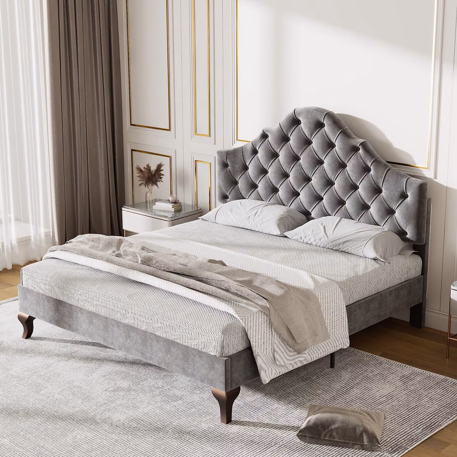 Letto imbottito Flieks letto singolo 90x200cm letto per ragazzi con rete a doghe e testata a conchiglia, letto in legno massiccio letto per bambini in velluto, grigio