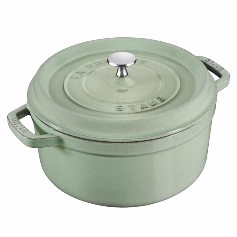 Casseruola tonda in ghisa per induzione colore salvia con maniglie e coperchio, diam. 26cm