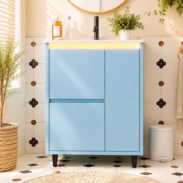 Mobile lavabo bagno autoportante 61x46,5x87 cm, blu, con lavandino in ceramica integrato, 2 cassetti con cerniere soft-close, superficie laccata, design piedi alti