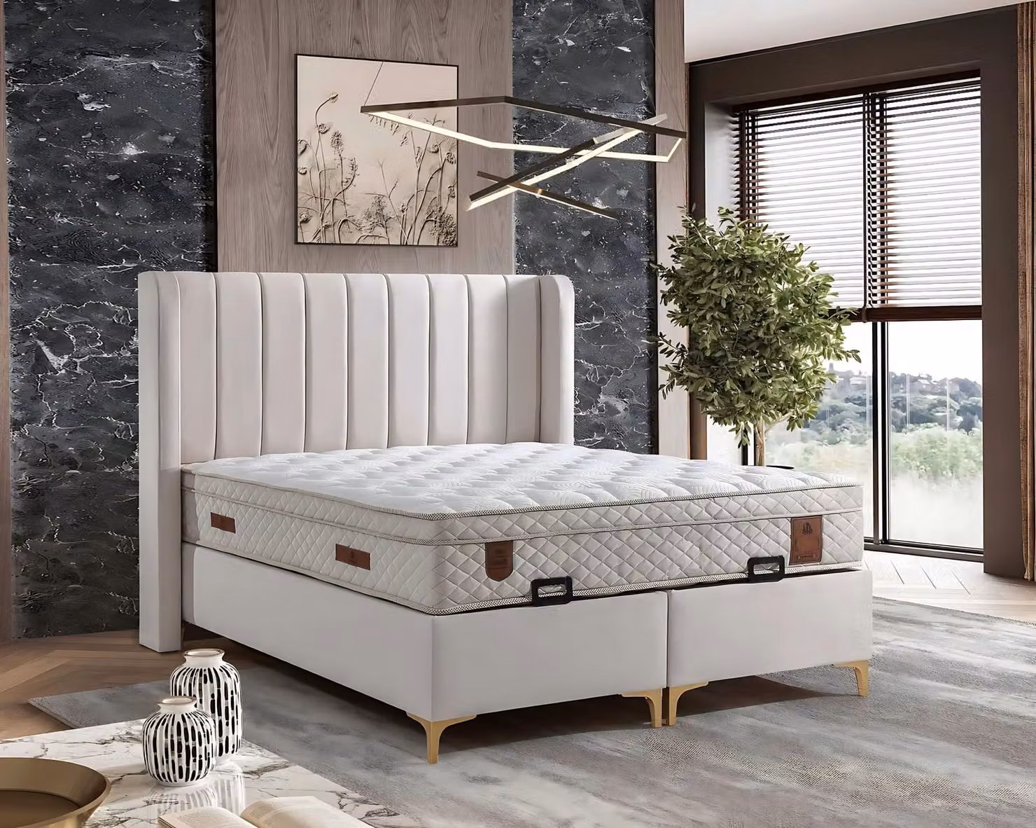 Elegantes Bett mit Matratze aus Textil in Beige