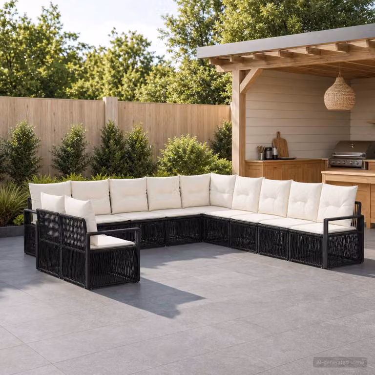 Set Divano da Giardino vidaXL 11 pz Nero in Polyrattan con Cuscini e Struttura in Acciaio