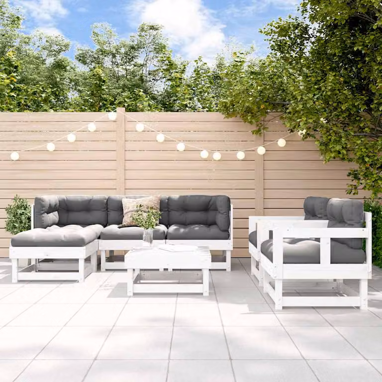 Set Salotto da Giardino vidaXL 7 pz a Forma di L in Legno di Pino Bianco con Cuscini