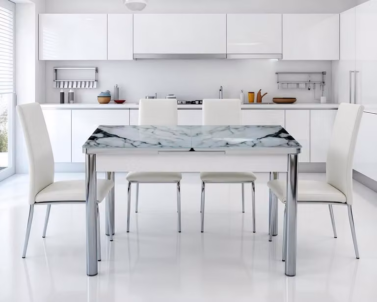 Tavolo da pranzo rettangolare, design moderno e lussuoso, disponibile nei colori bianco e grigio