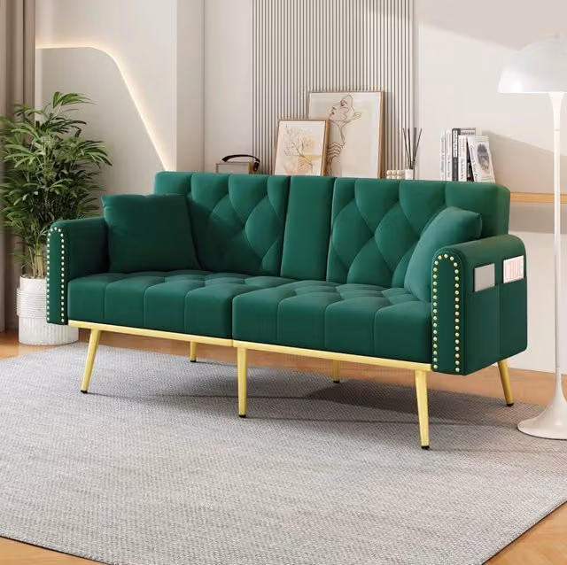 Divano letto 175x80x73,5 cm verde, schienale a 3 posizioni e portabicchieri, velluto
