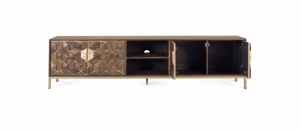 Mobile TV Giner y Colomer con 4 ante in legno di mango marrone e base in metallo oro, L: 190 cm, P: 50 cm, H: 40 cm – 2