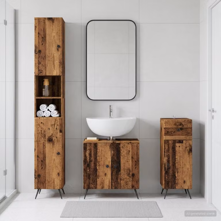 Set di 3 armadietti da bagno vidaXL BREDA in legno color marrone antico stile rustico L/P/H: 30 x 31 x 190 cm, 48,1 x 30 x 190 cm e 31 x 30 x 48,1 cm