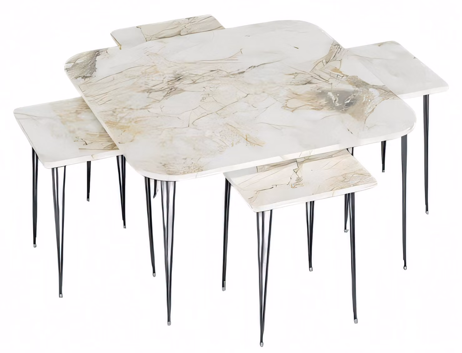Moderner Holz-Couchtisch mit buntem Design und Beistelltischen