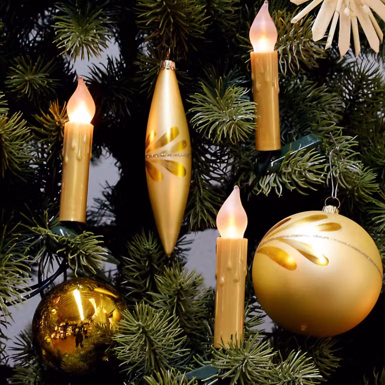 Luci di Natale a filamento LED con effetto fiamma all'interno 20 pezzi, Germany, candele scanalate, con gocce di cera, oro brillante 815139