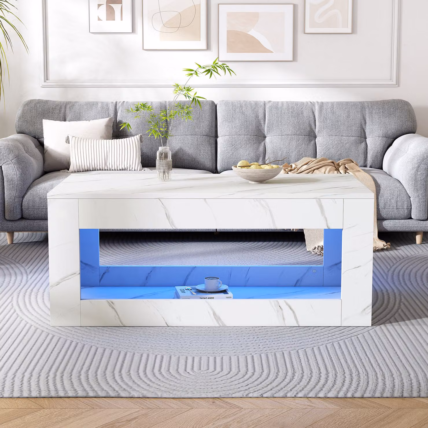 tavolino da salotto rettangolare okwish, comodino lucido LED per camera da letto, tavolo con contenitore per soggiorno, tavolo con motivo in marmo, bianco