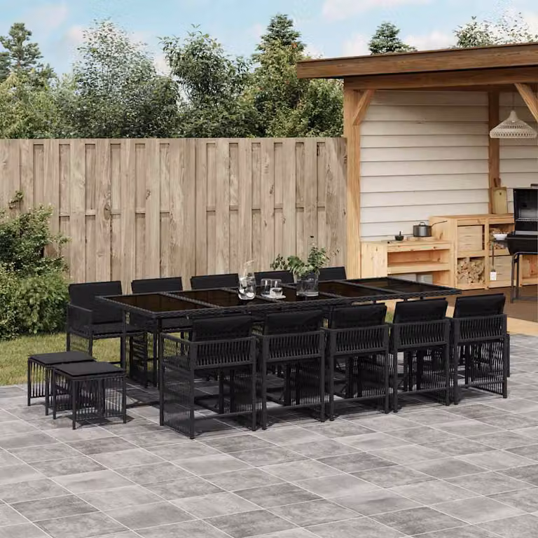 vidaXL Set da Pranzo da Giardino 15 pz in Polyrattan Nero con Cuscini e Tavolo in Vetro