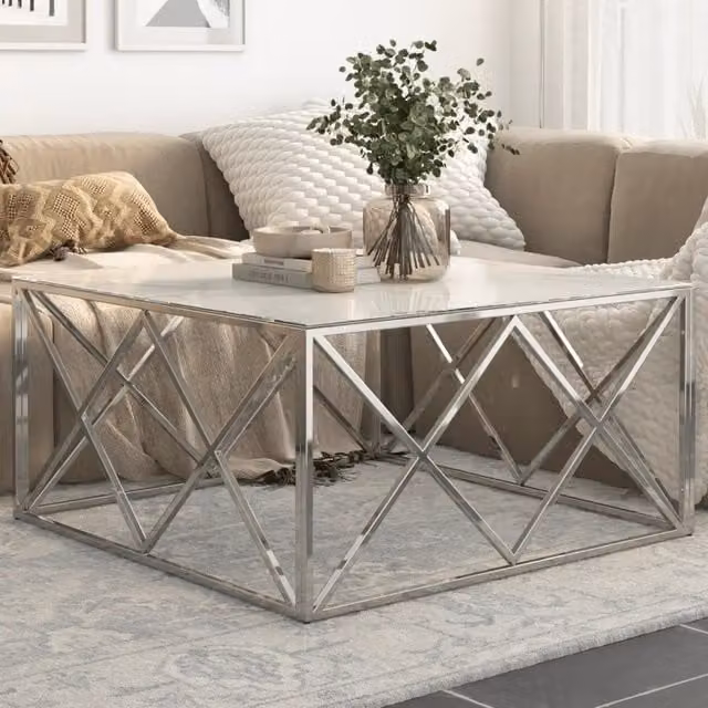 Tavolino da salotto moderno vidaXL in vetro bianco e metallo argento con design astratto e forma quadrata – 1