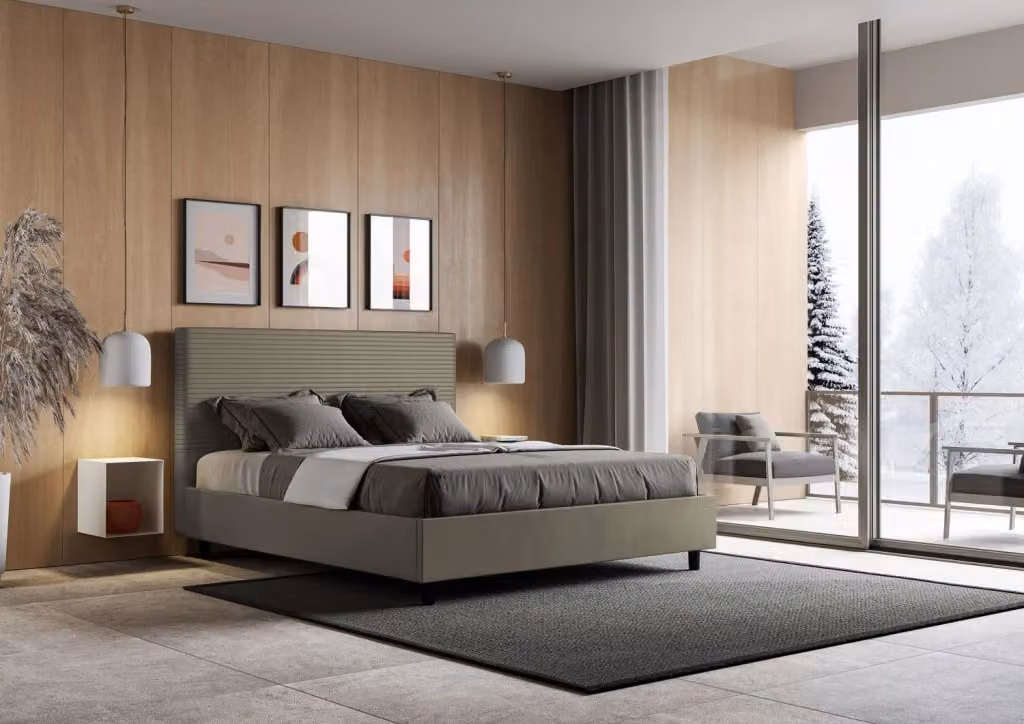 Letto matrimoniale contenitore BS COM imbottito in similpelle beige L/P/H: 160 x 200 x 122 cm – 2