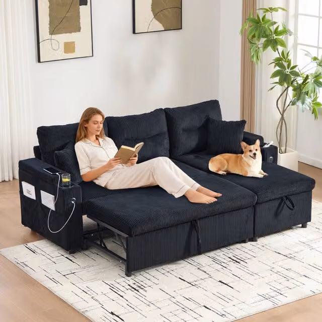 Divano angolare convertibile 3 posti 212;5x136x86 cm; chaise longue con sollevamento idraulico; portabicchieri; USB-C; velluto a coste; nero