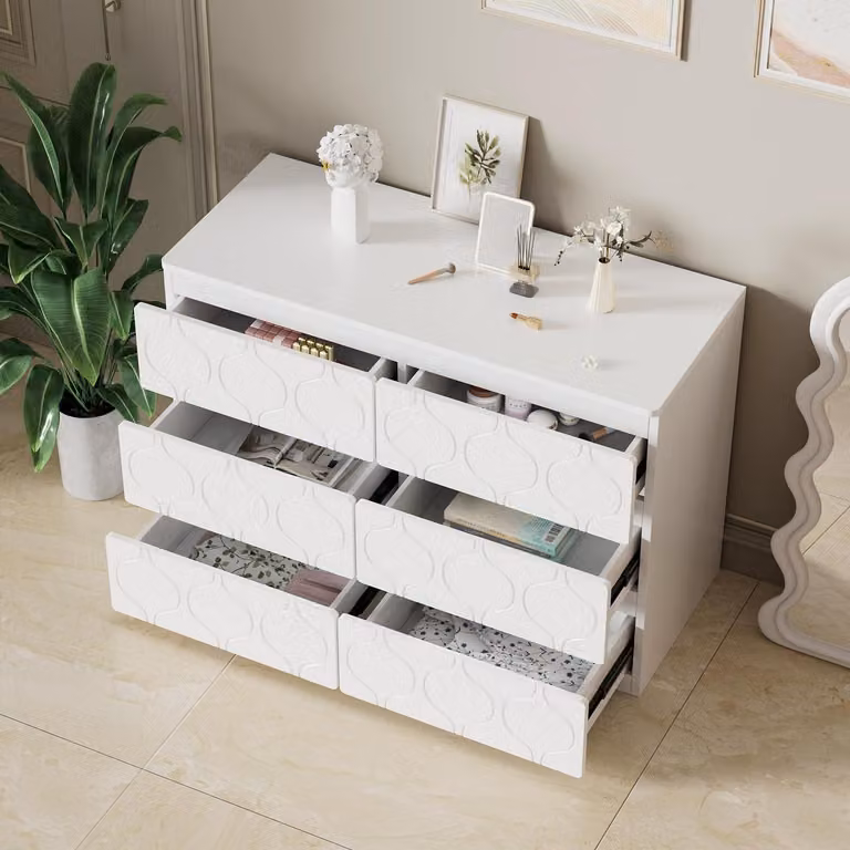 Comodino con 6 cassetti, motivo a onde, bianco, 110x40x72 cm